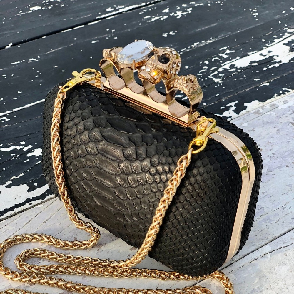 Python Knuckle Black Minaudiere Snake Exotic Leather Crossbody Gothic Clutch Bag